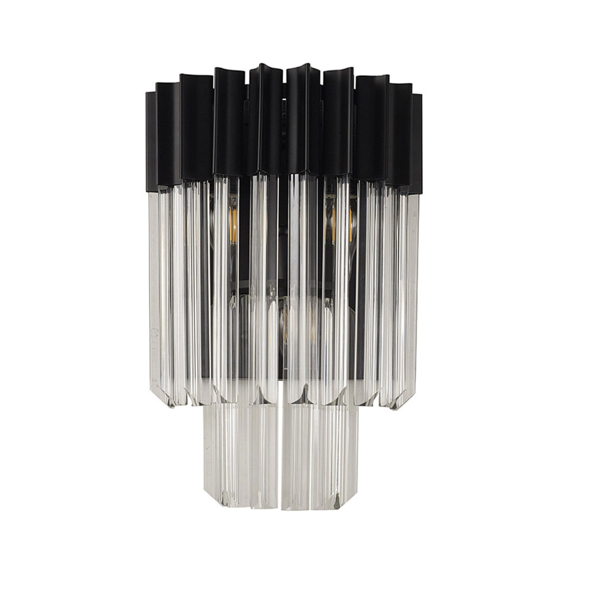 A modern black and clear glass wall light with the lights off, against a white background.
