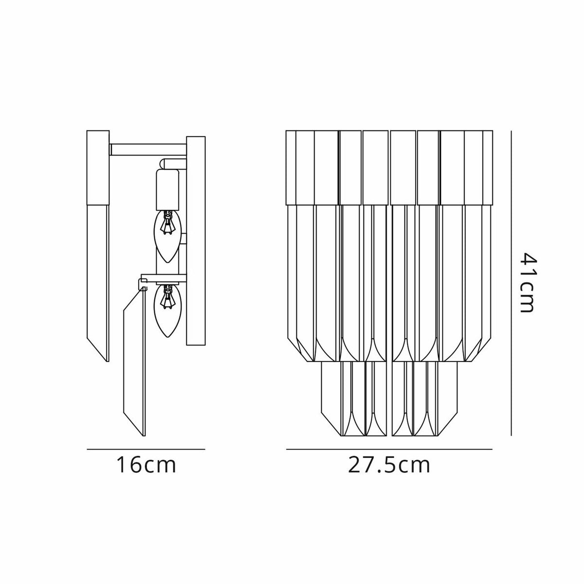 Line drawings of the wall light showing dimensions: 41cm H x 27.5cm W x 16cm D.