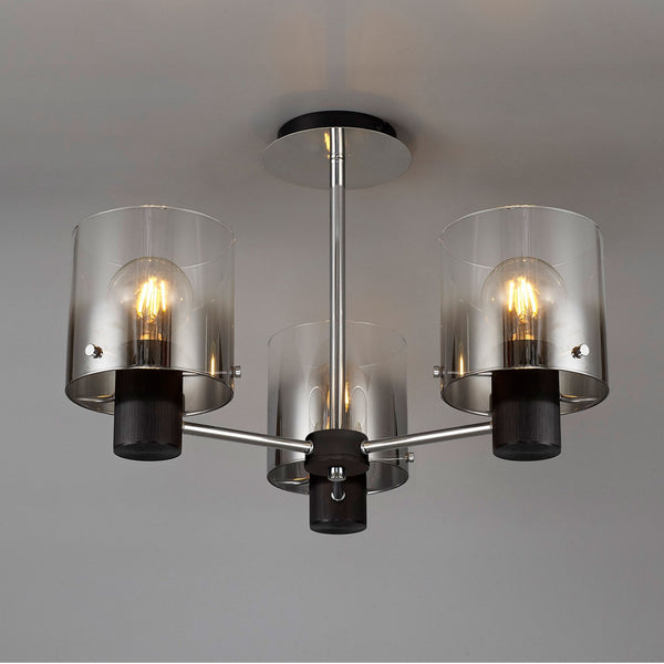 Belstone 3 Light Semi Flush Ceiling Light in Black & Chrome with Smoke Fade Glass