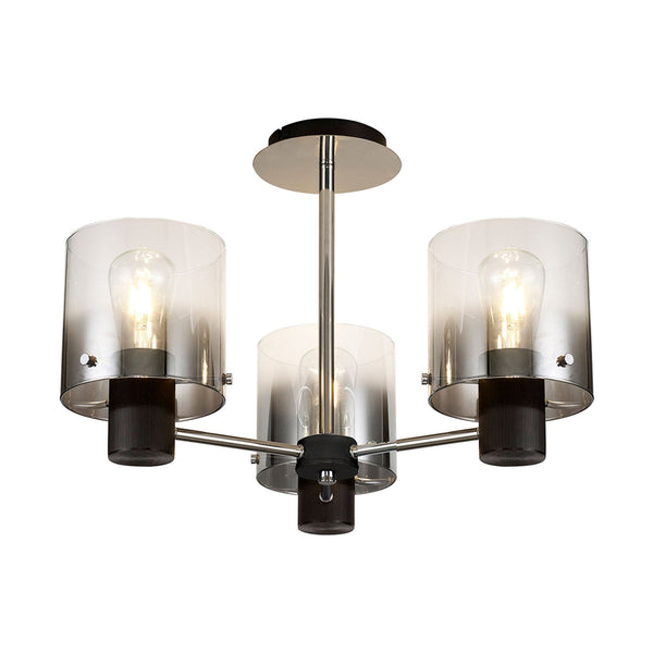 Belstone 3 Light Semi Flush Ceiling Light in Black & Chrome with Smoke Fade Glass