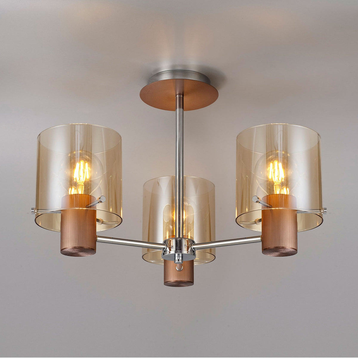 Belstone 3 Light Semi Flush Ceiling Light In Mocha with Amber Glass