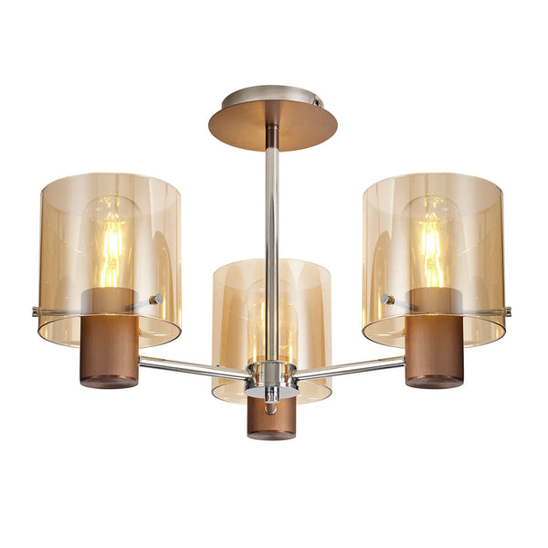 Belstone 3 Light Semi Flush Ceiling Light In Mocha with Amber Glass