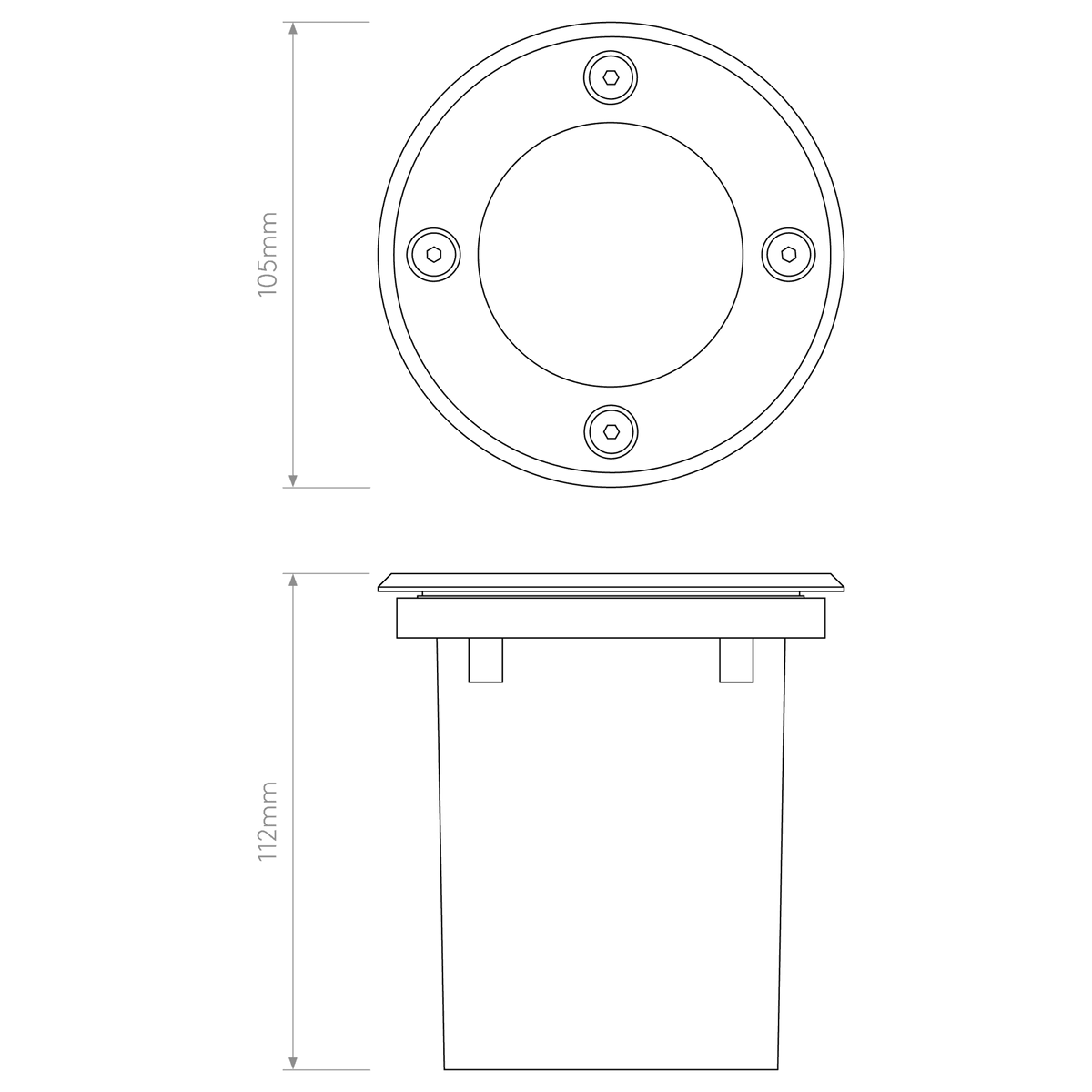 Technical drawing of a round ground light, showing top and side views with dimensions 105mm and 112mm