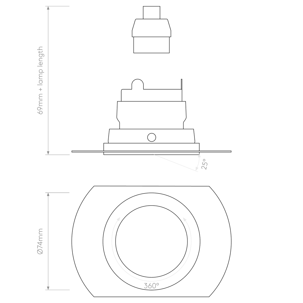 Technical drawing of a light fixture with dimensions: 69mm + lamp length, 74mm diameter, 25 degree tilt, 360 degree rotation