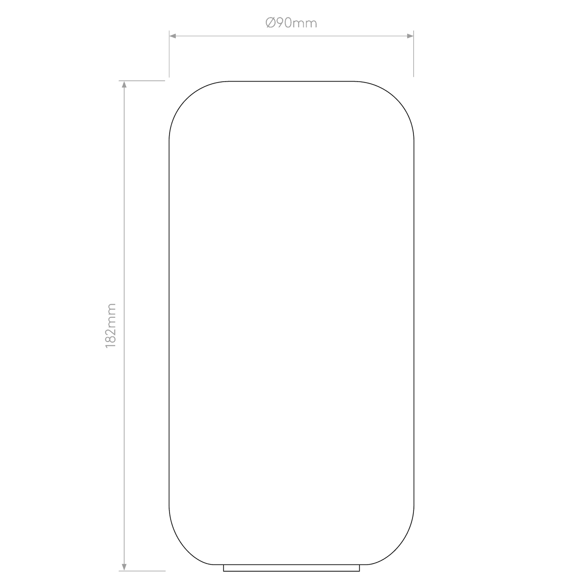 Diagram of a cylindrical object with rounded ends, showing a height of 182mm and a diameter of 90mm