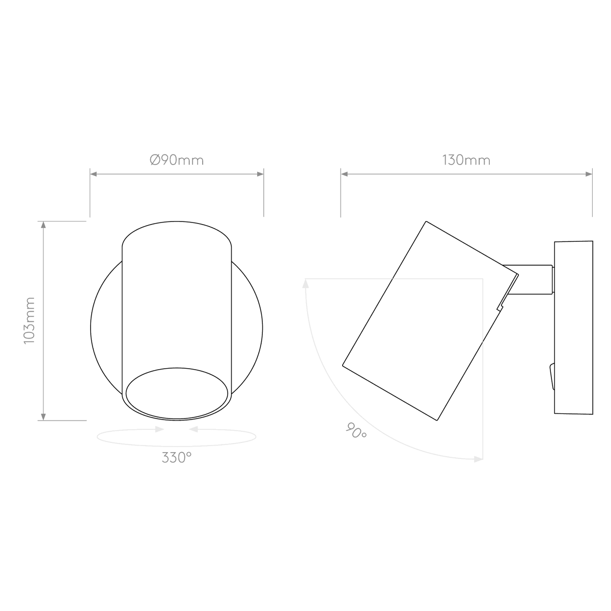 Technical drawing of a cylindrical wall light, detailing dimensions and angles.