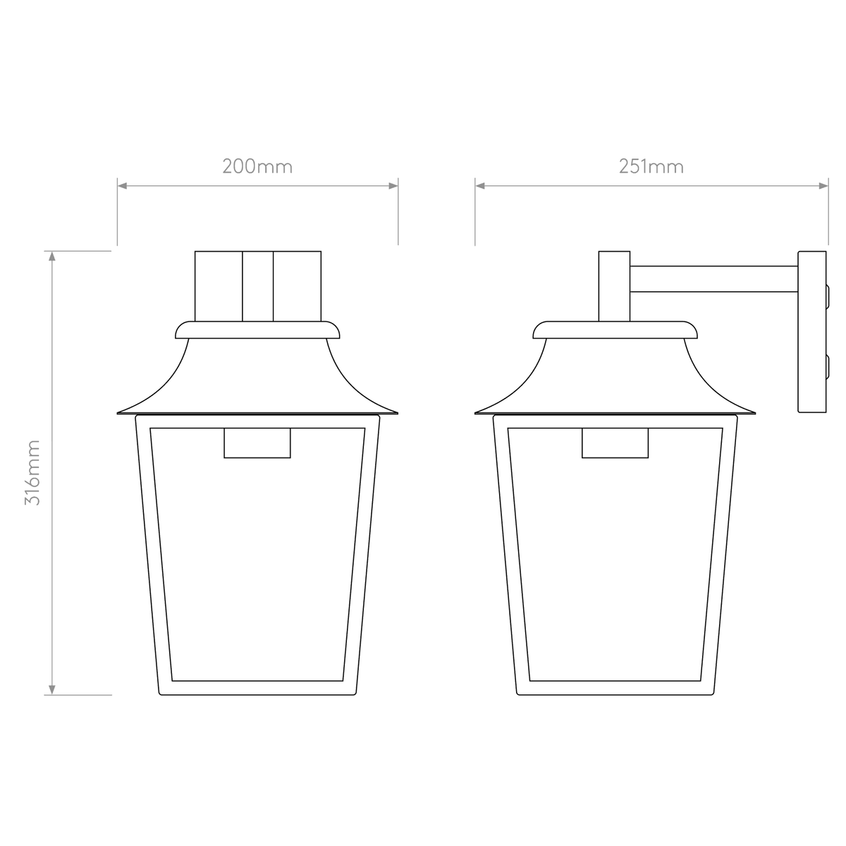 Line drawing of a wall lantern with dimensions 316mm height, 200mm width, and 251mm depth