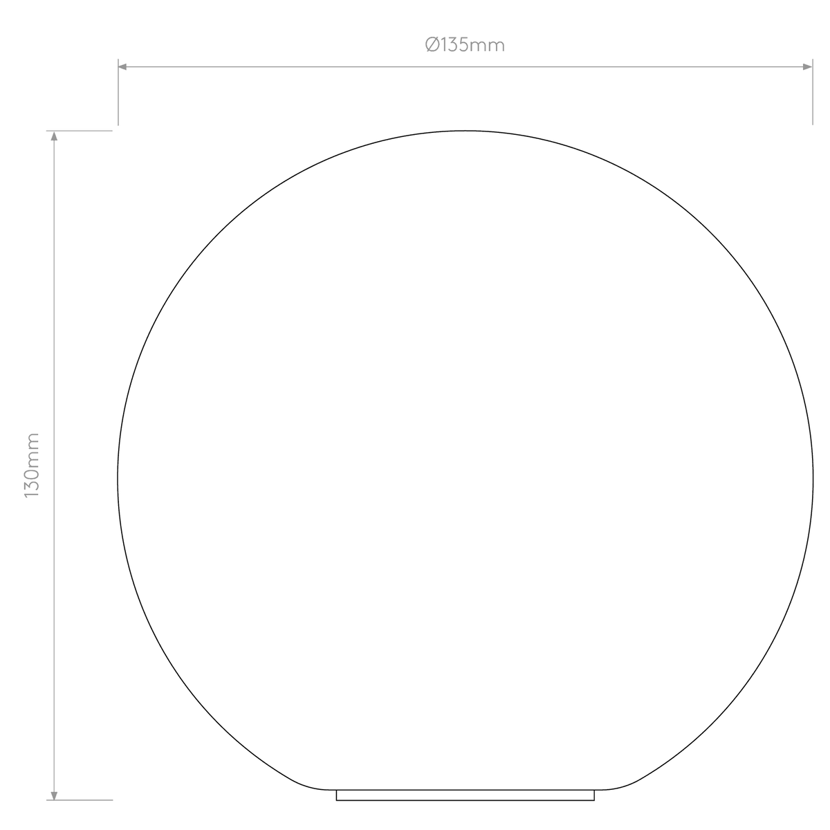 Line drawing of a sphere with a flat base, showing a diameter of 135mm and a height of 130mm
