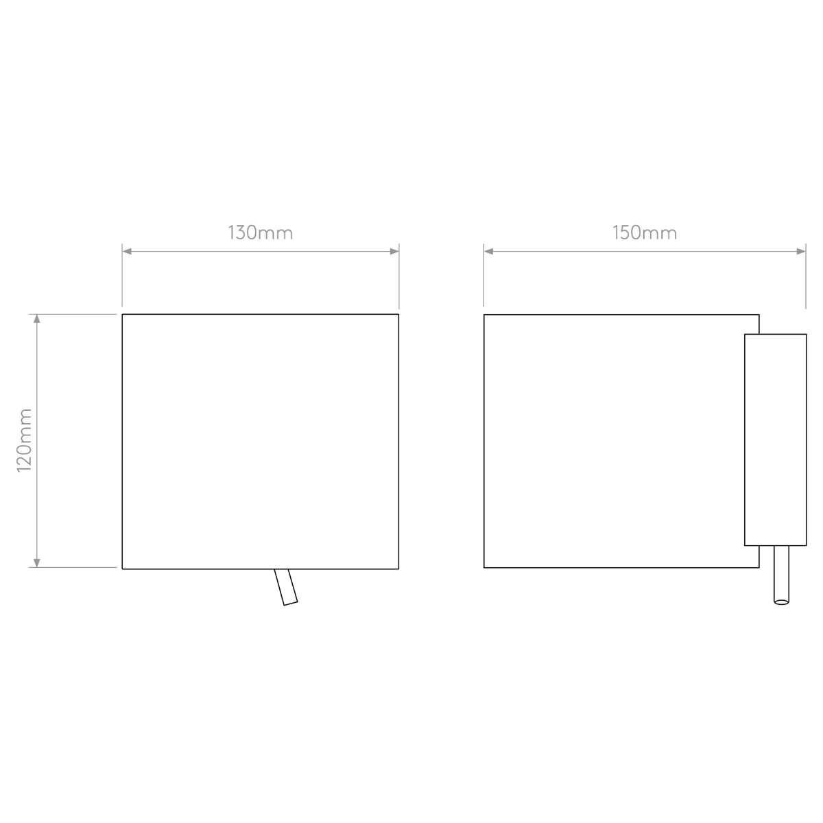 Technical drawing of a square light fixture with dimensions 130mm width, 120mm height, and 150mm depth
