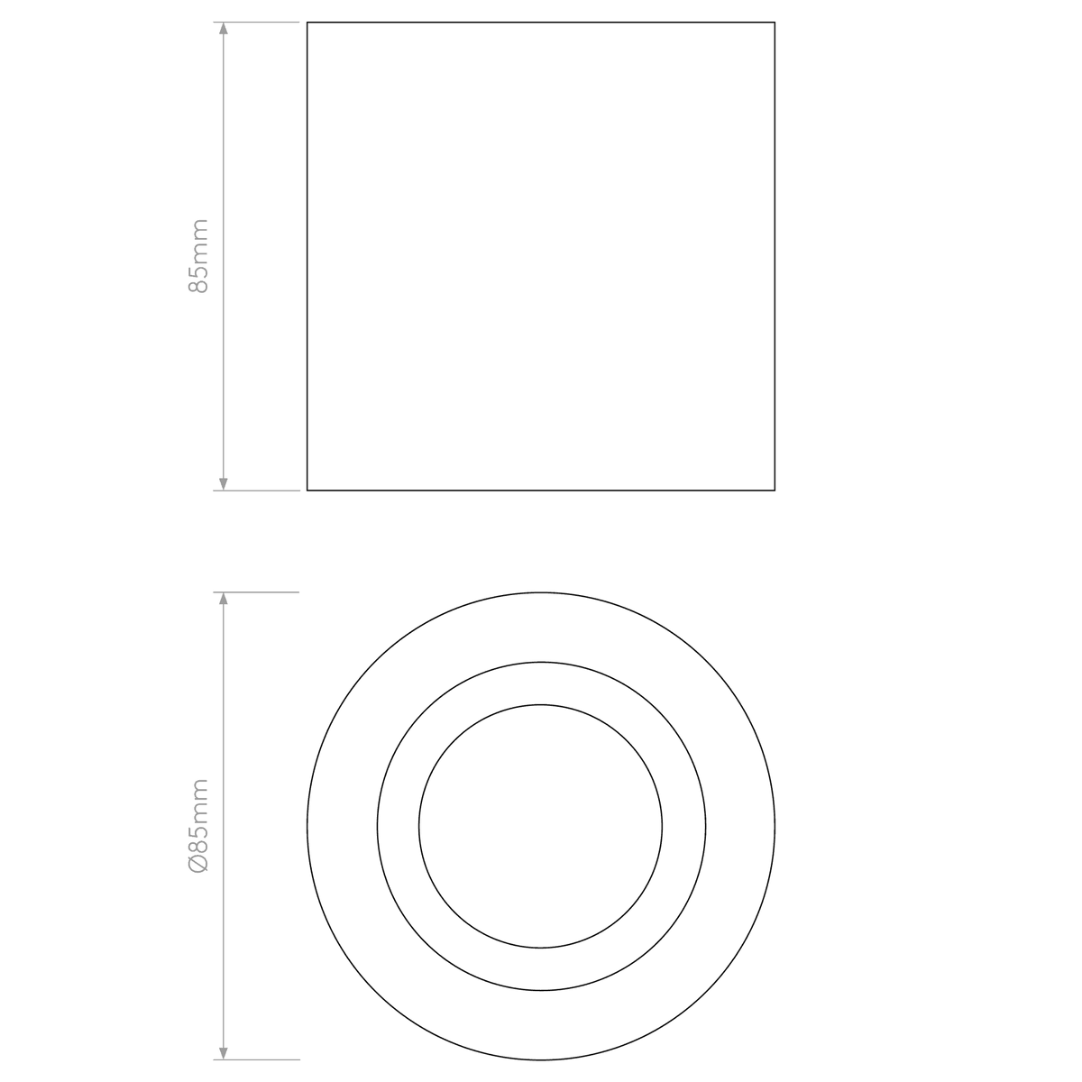Technical drawing of a square and a circular object, both with 85mm dimensions