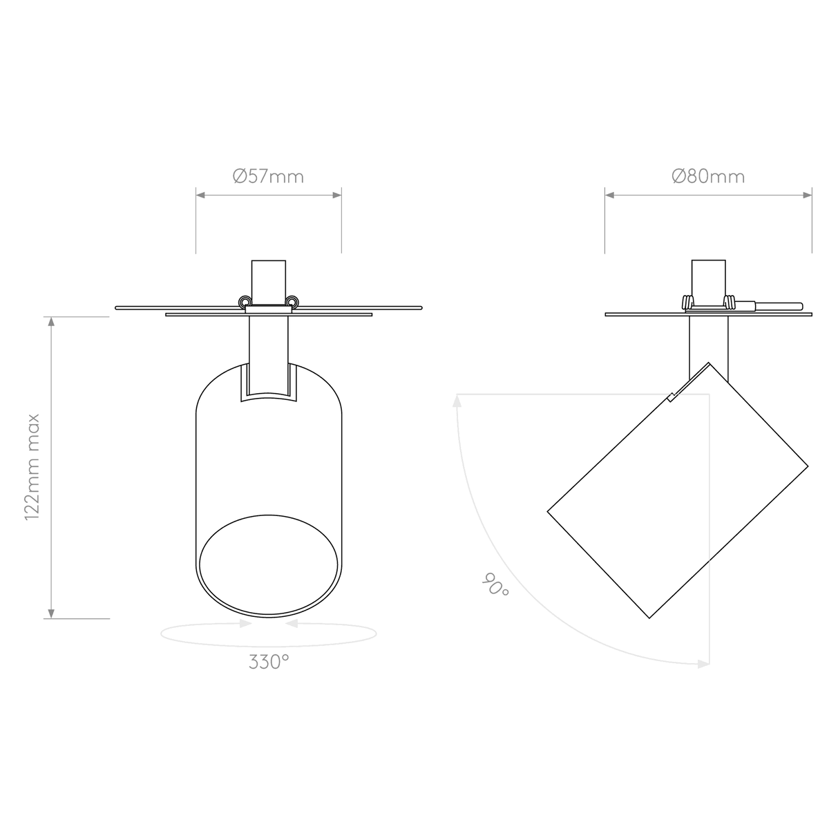 Technical drawing of a cylindrical light fixture with dimensions and rotation angles