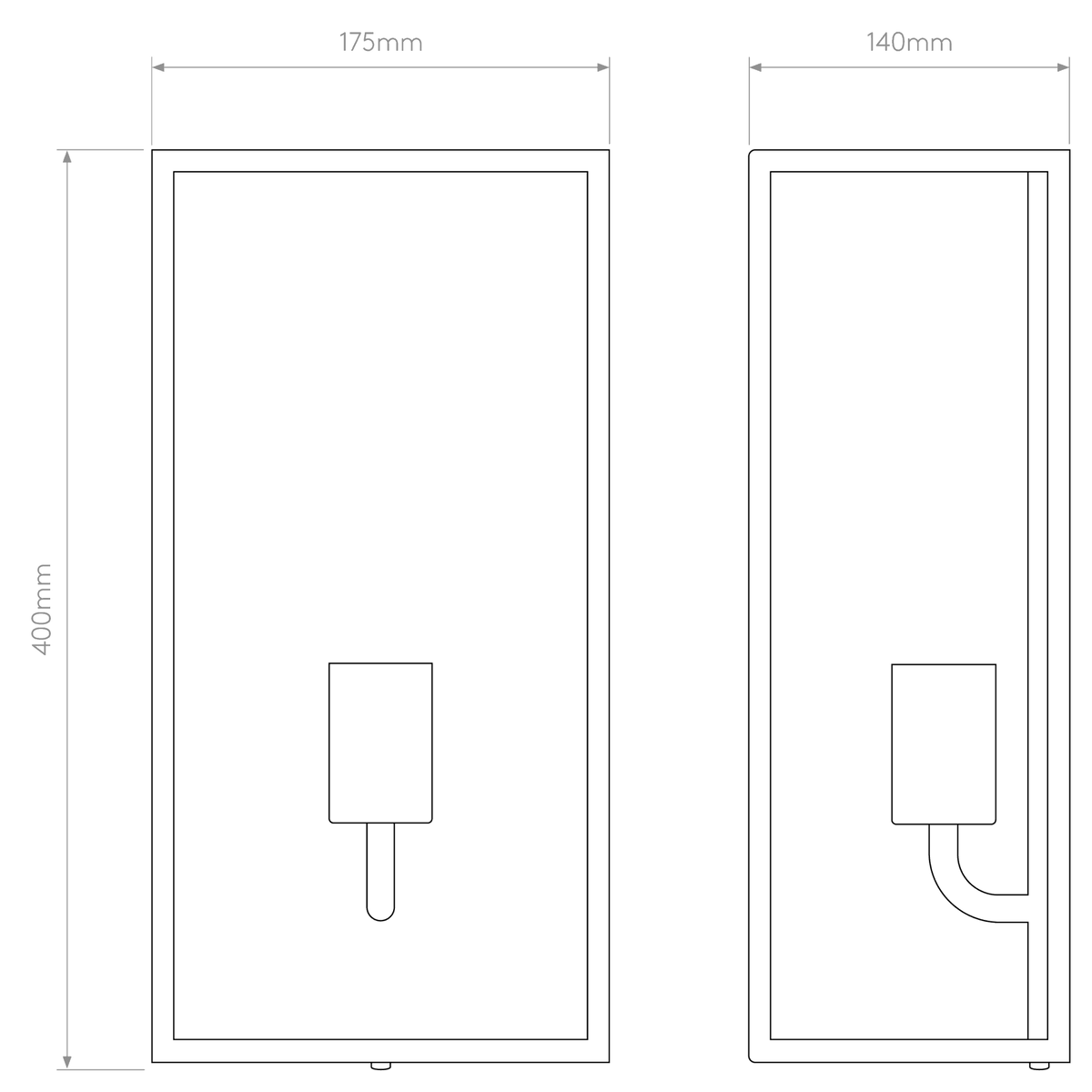 Technical drawing of a rectangular wall light with dimensions 400mm height, 175mm width, 140mm depth
