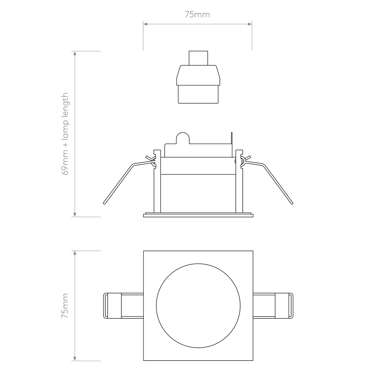 Technical drawing of a recessed downlight with dimensions 75mm width and 69mm plus lamp length