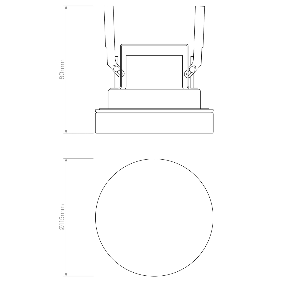 Diagram of a recessed downlight showing 80mm height and 115mm diameter