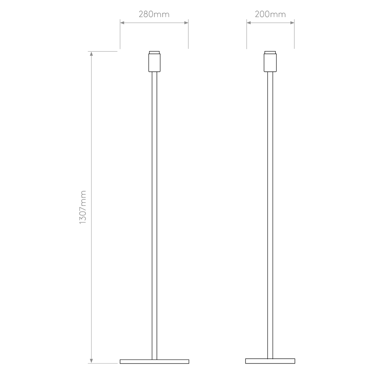 Two tall, thin floor lamps with square tops and bases, showing dimensions of 1300mm height.