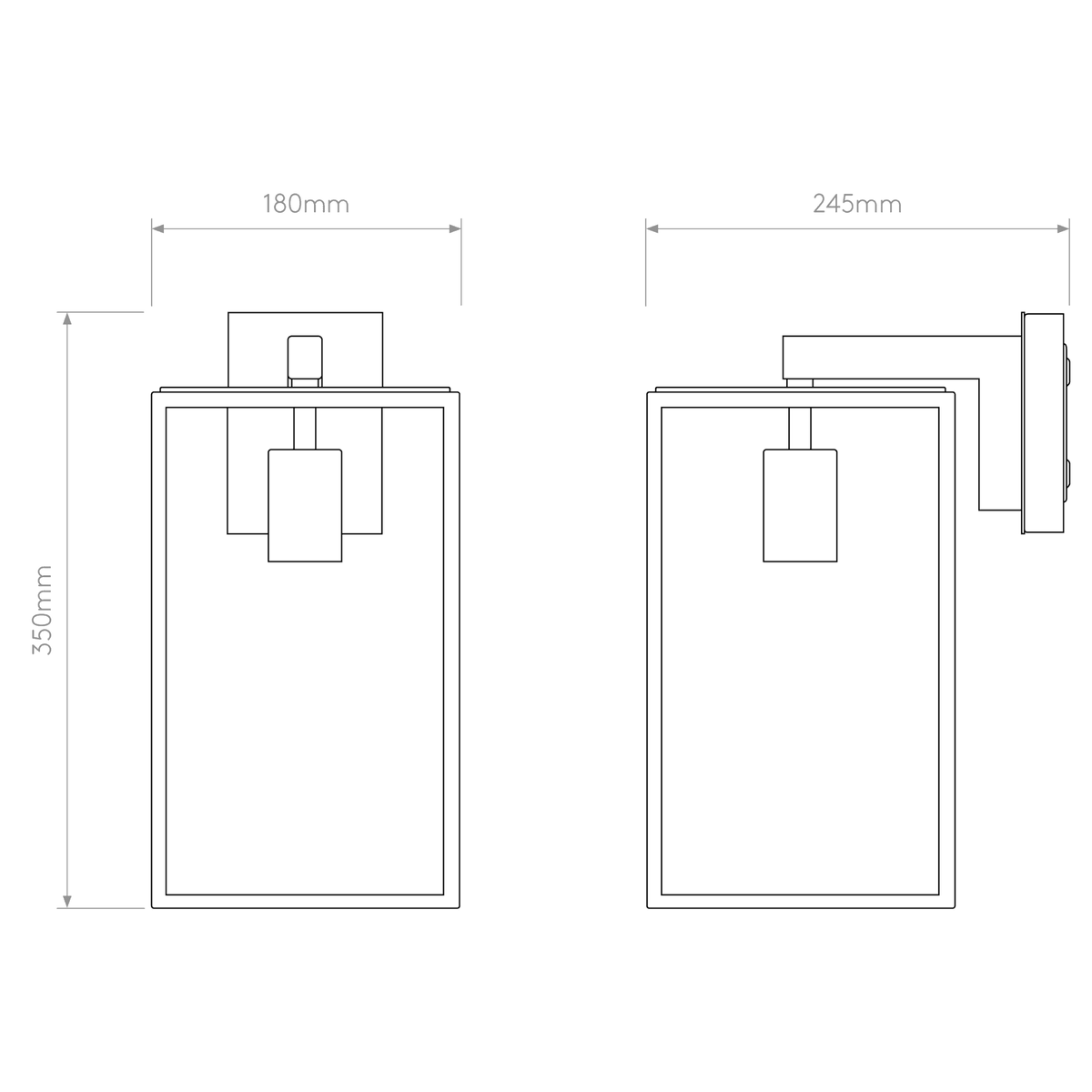 Line drawing of a wall light with dimensions 350mm height, 180mm width, and 245mm depth