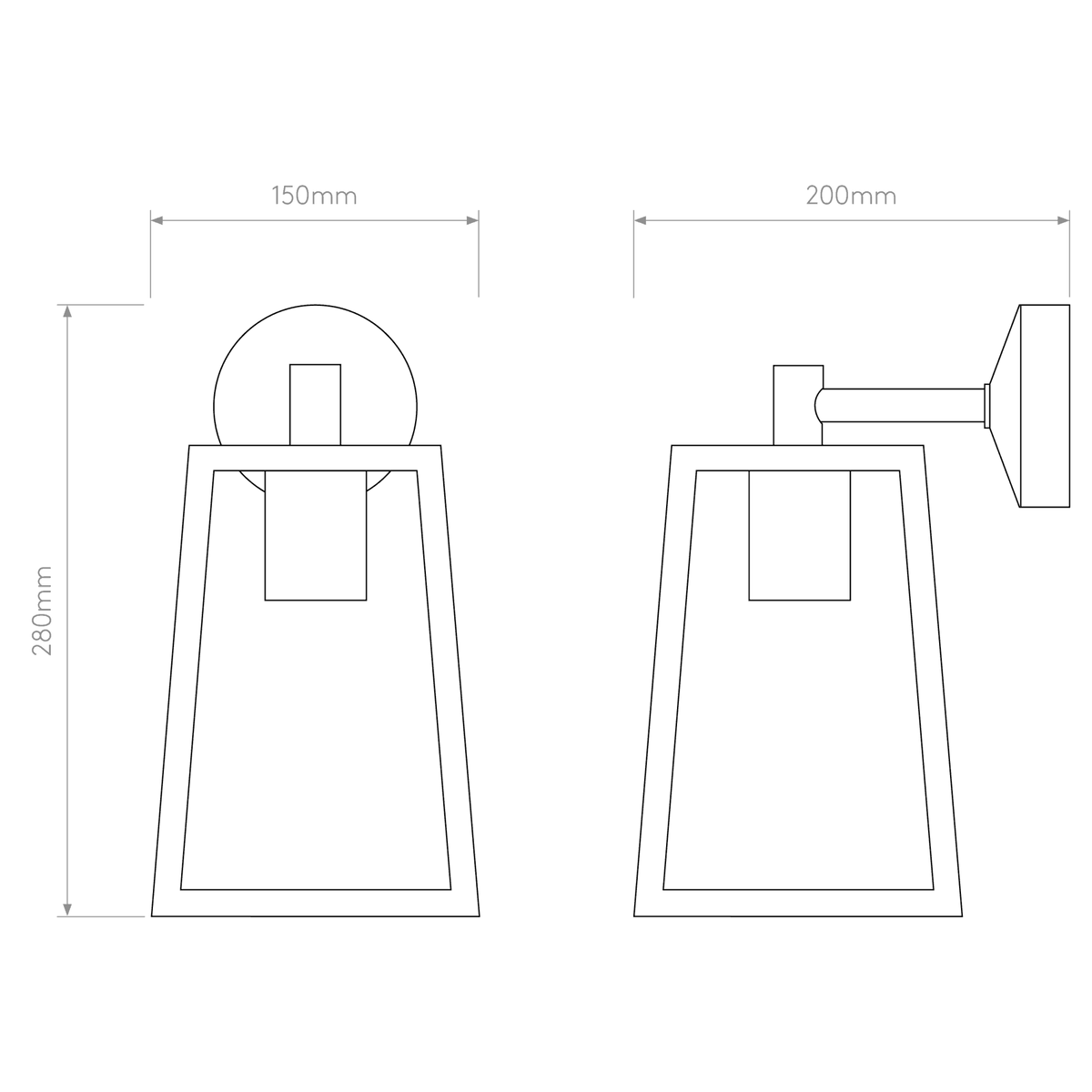 Line drawing of a wall light with dimensions 280mm height, 150mm width, and 200mm depth