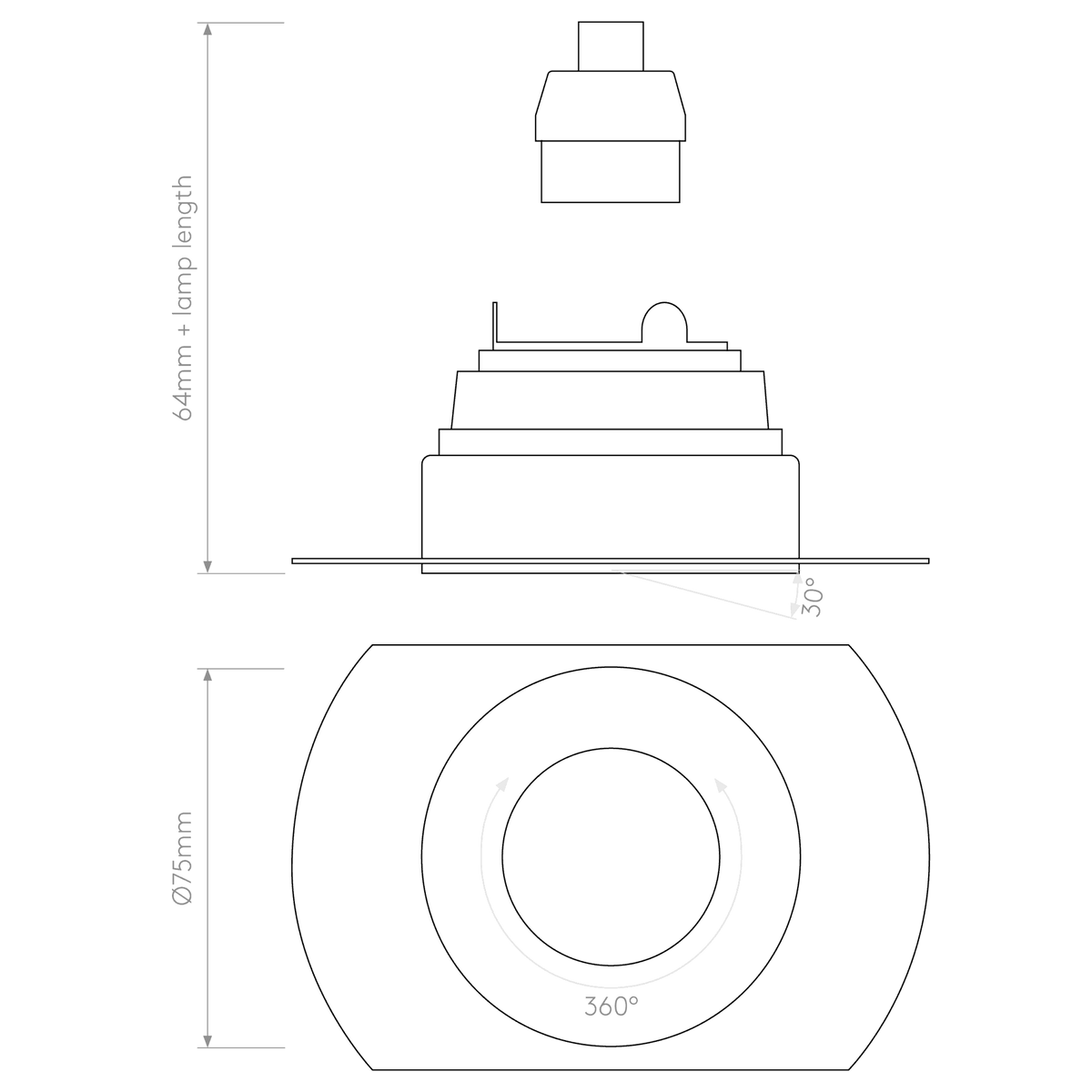 Technical drawing of a downlight with dimensions 64mm plus lamp length, 75mm diameter, 30 degree tilt, and 360 degree rotation