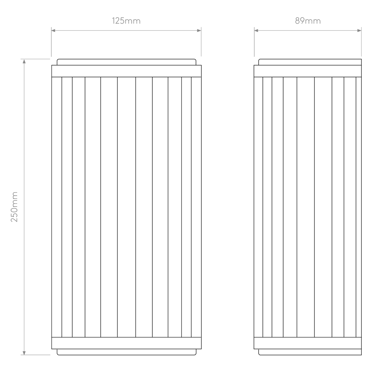 Diagram of two cylindrical filters with dimensions: 250mm height, 125mm and 89mm diameters