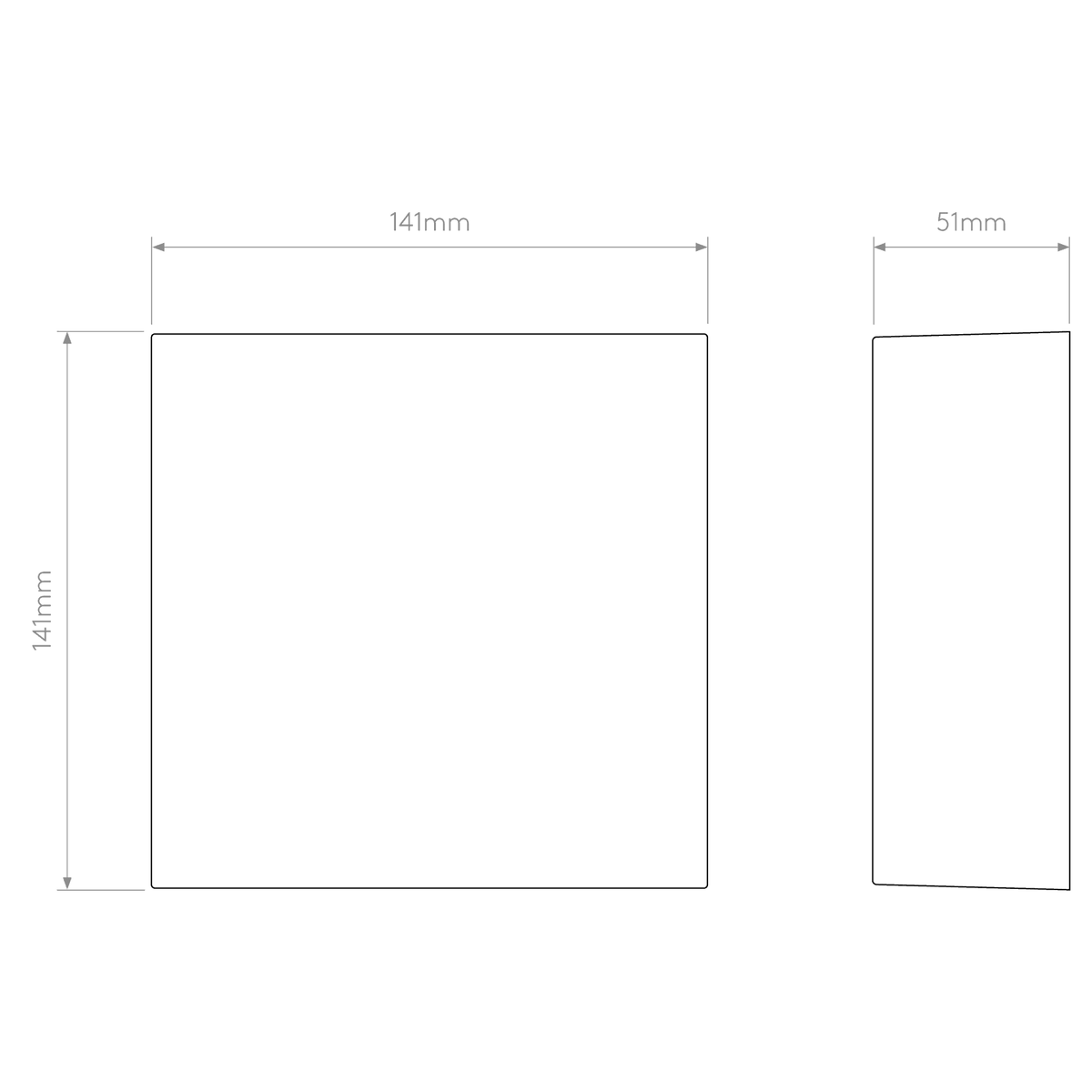 Diagram of a square object with dimensions 141mm by 141mm by 51mm