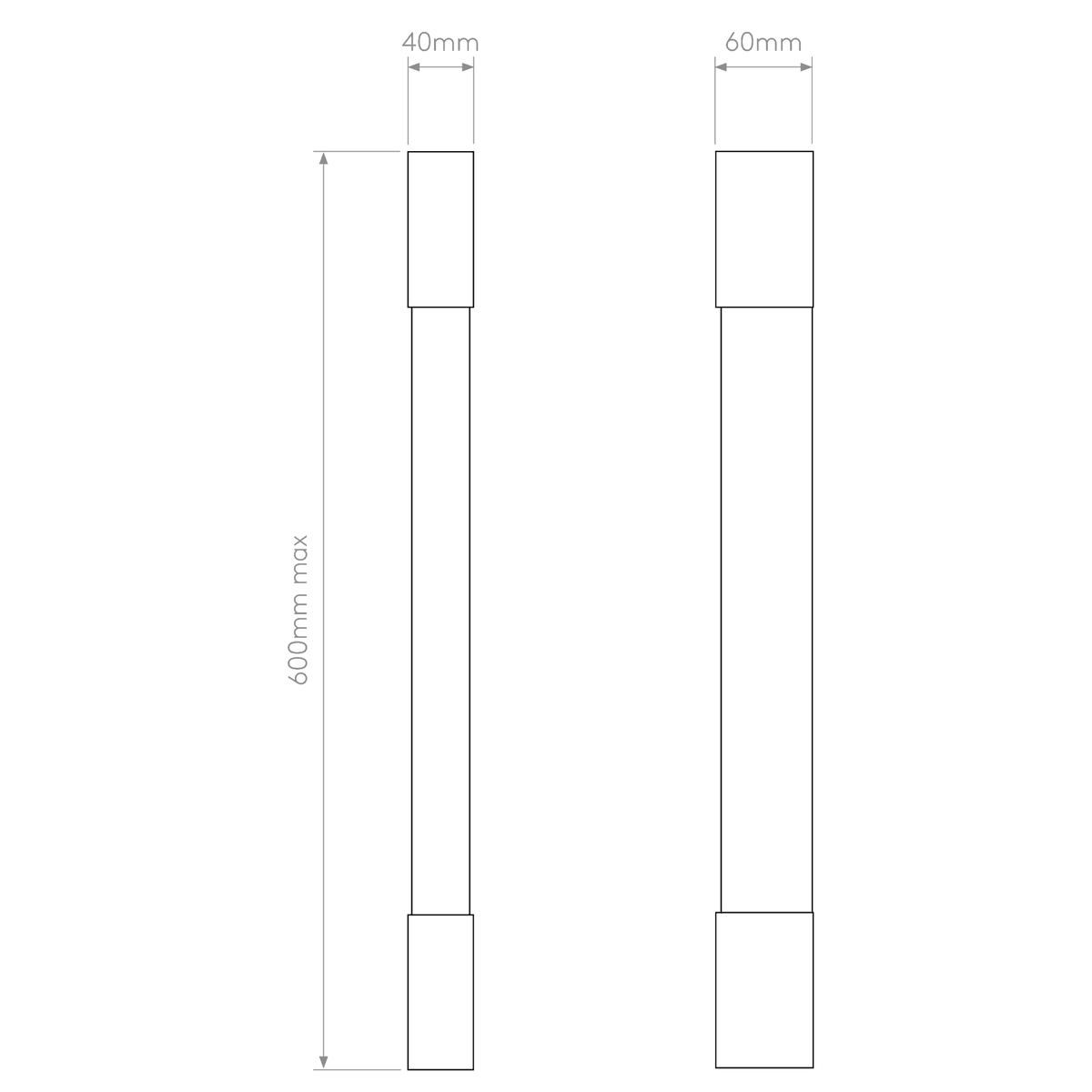 Diagram showing two rectangular posts, one 40mm wide and one 60mm wide, both with a max height of 600mm