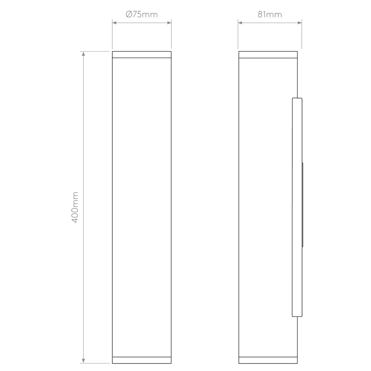 Technical drawing of a cylindrical object with dimensions: 400mm height, 75mm diameter, 81mm width