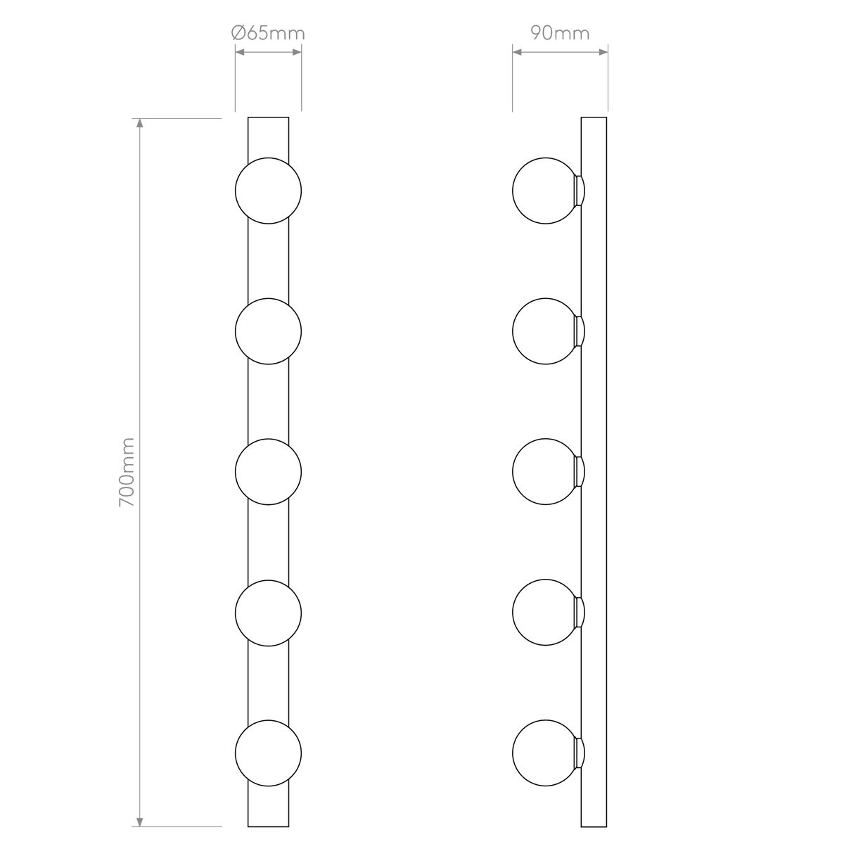 Technical drawing of a vertical light fixture with five bulbs, showing front and side views with dimensions