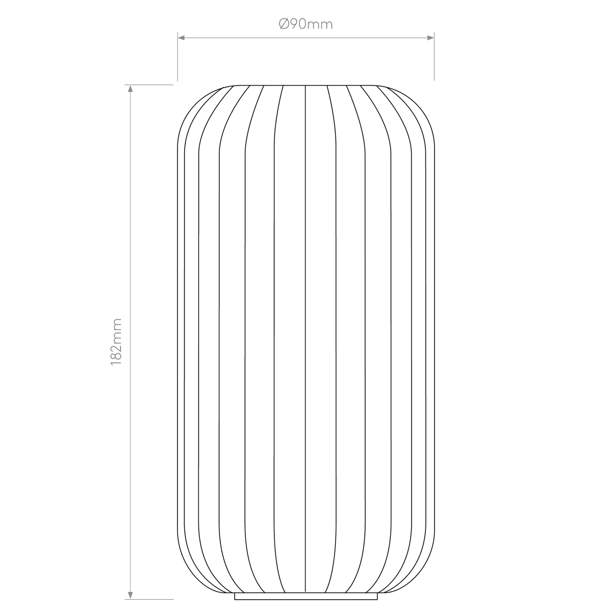 Technical drawing of a cylindrical lamp with vertical ridges, showing a height of 182mm and a diameter of 90mm