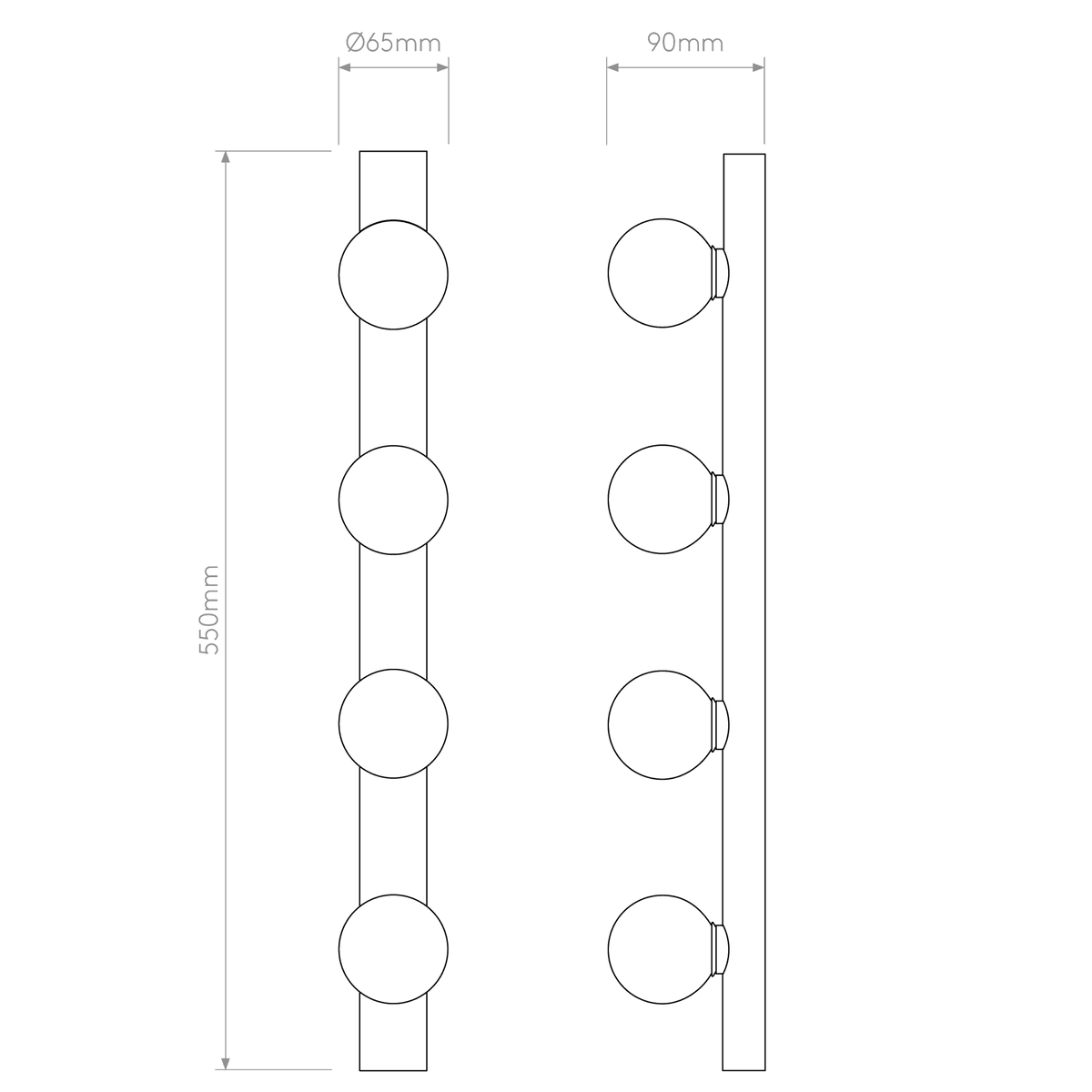 Technical drawing of a 4-bottle wine rack, showing front and side views with dimensions.