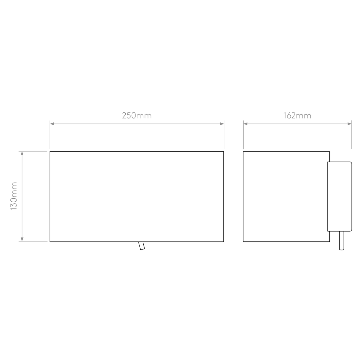 Technical drawing of the product with dimensions 250mm width, 130mm height, and 162mm depth
