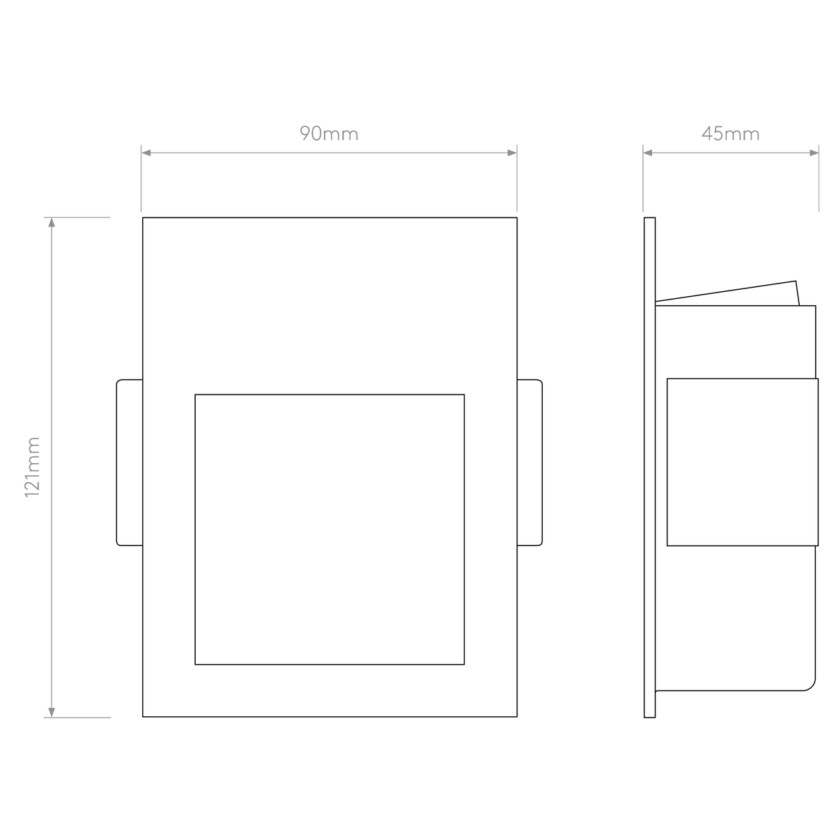 Line drawing of a rectangular light fixture with dimensions 121mm height, 90mm width, 45mm depth