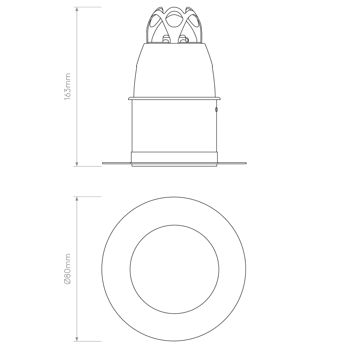 Technical drawing of a recessed downlight with dimensions 163mm height and 80mm diameter