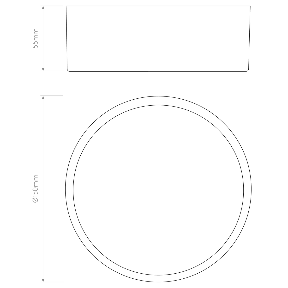 Technical drawing of a round product, 150mm diameter and 55mm height