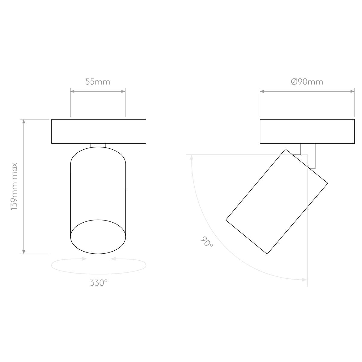 Diagram of a cylindrical light fixture with dimensions: 139mm max height, 55mm width, 90mm diameter