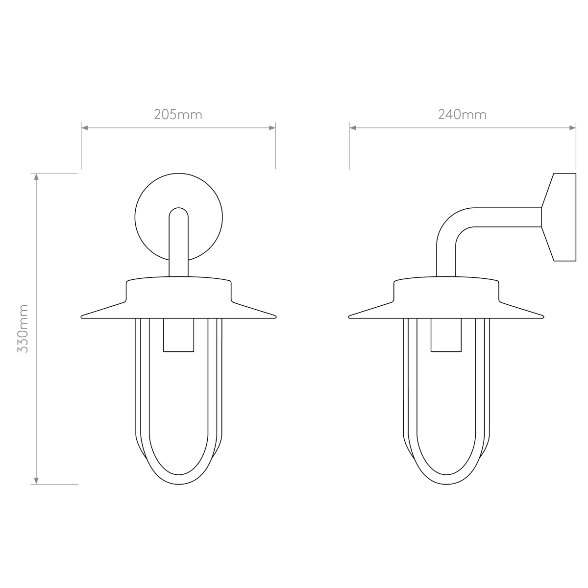 Line drawing of a wall light with dimensions: 330mm height, 205mm width, 240mm depth.
