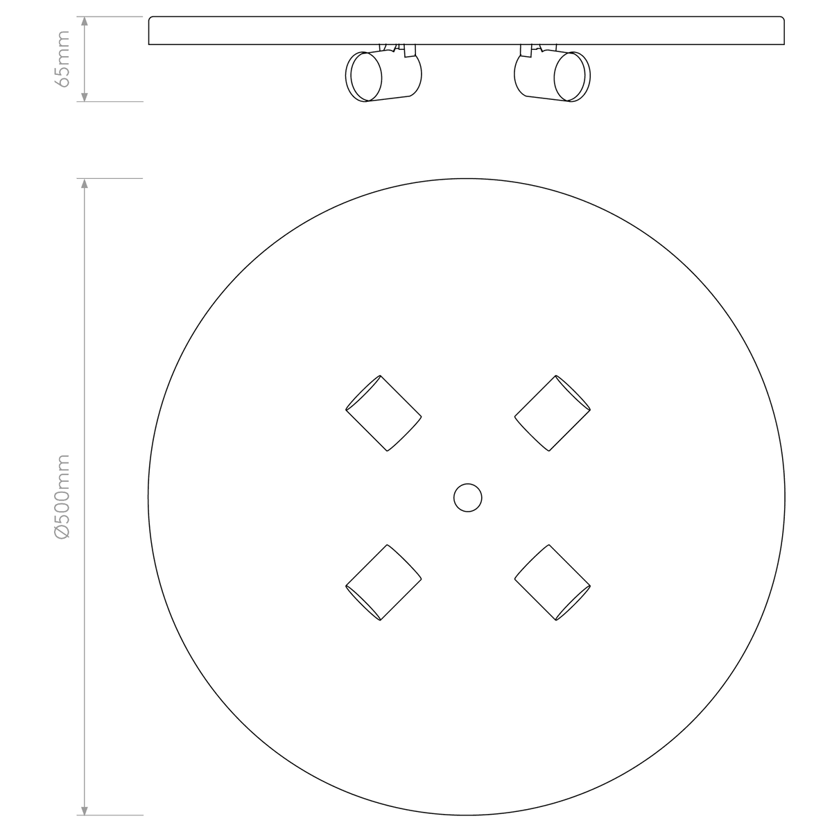 Technical drawing of a round ceiling light with four spotlights, showing 65mm height and 500mm diameter