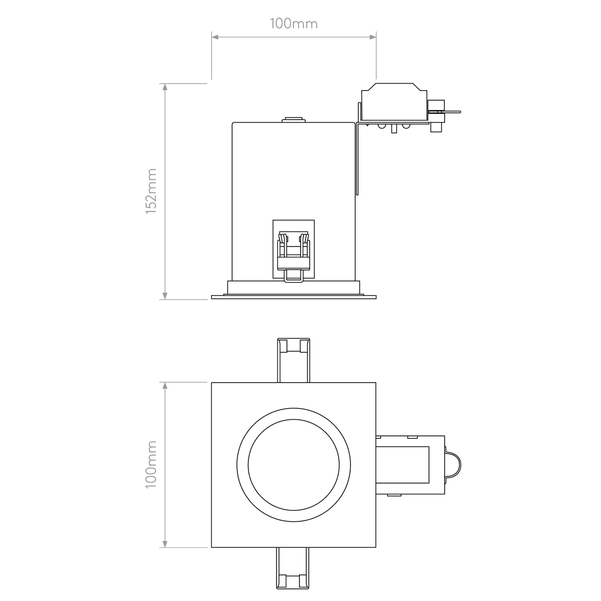 Technical drawing of a recessed downlight with dimensions 100mm width and 152mm height