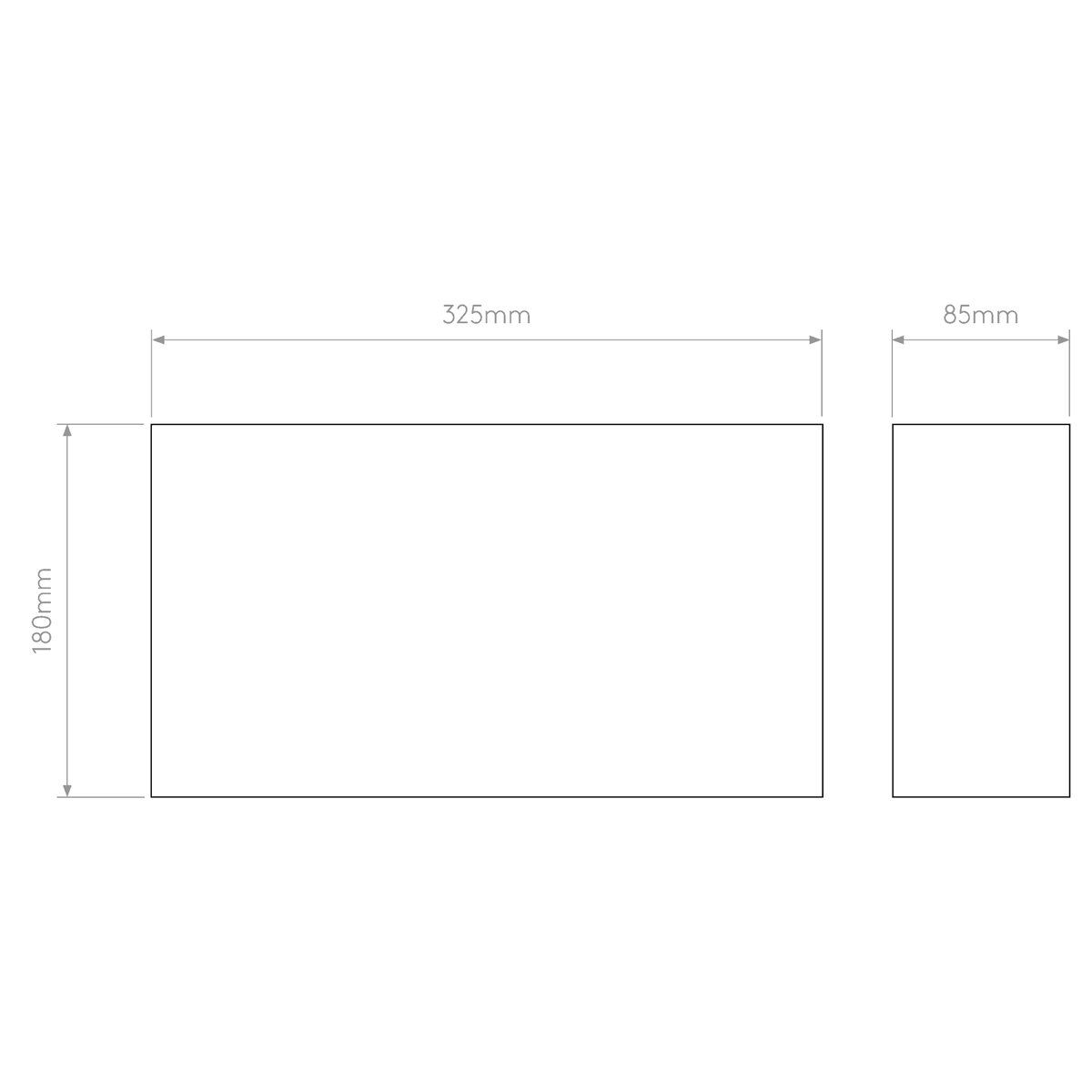 Diagram of a rectangular object with dimensions 325mm width, 180mm height, and 85mm depth