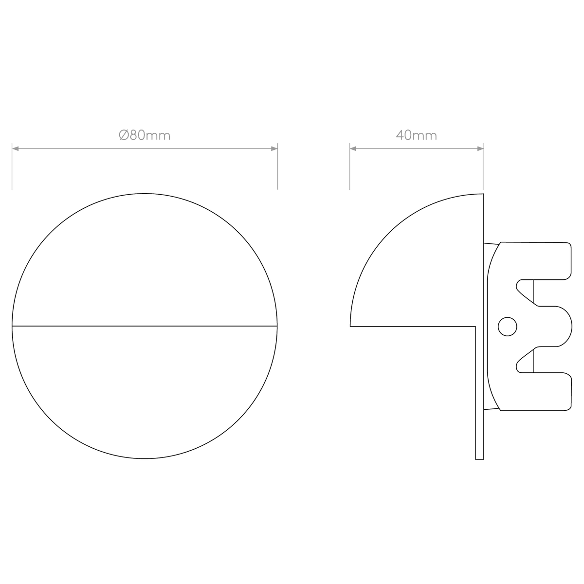Technical drawing of a circular door stop, 80mm diameter and 40mm deep, with a mounting bracket