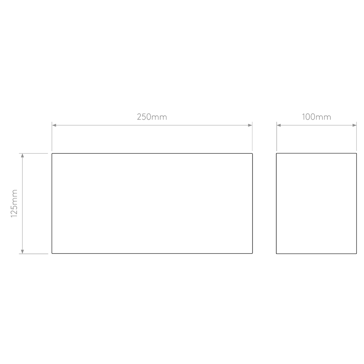 Diagram showing dimensions of a rectangular object: 250mm width, 125mm height, and 100mm depth