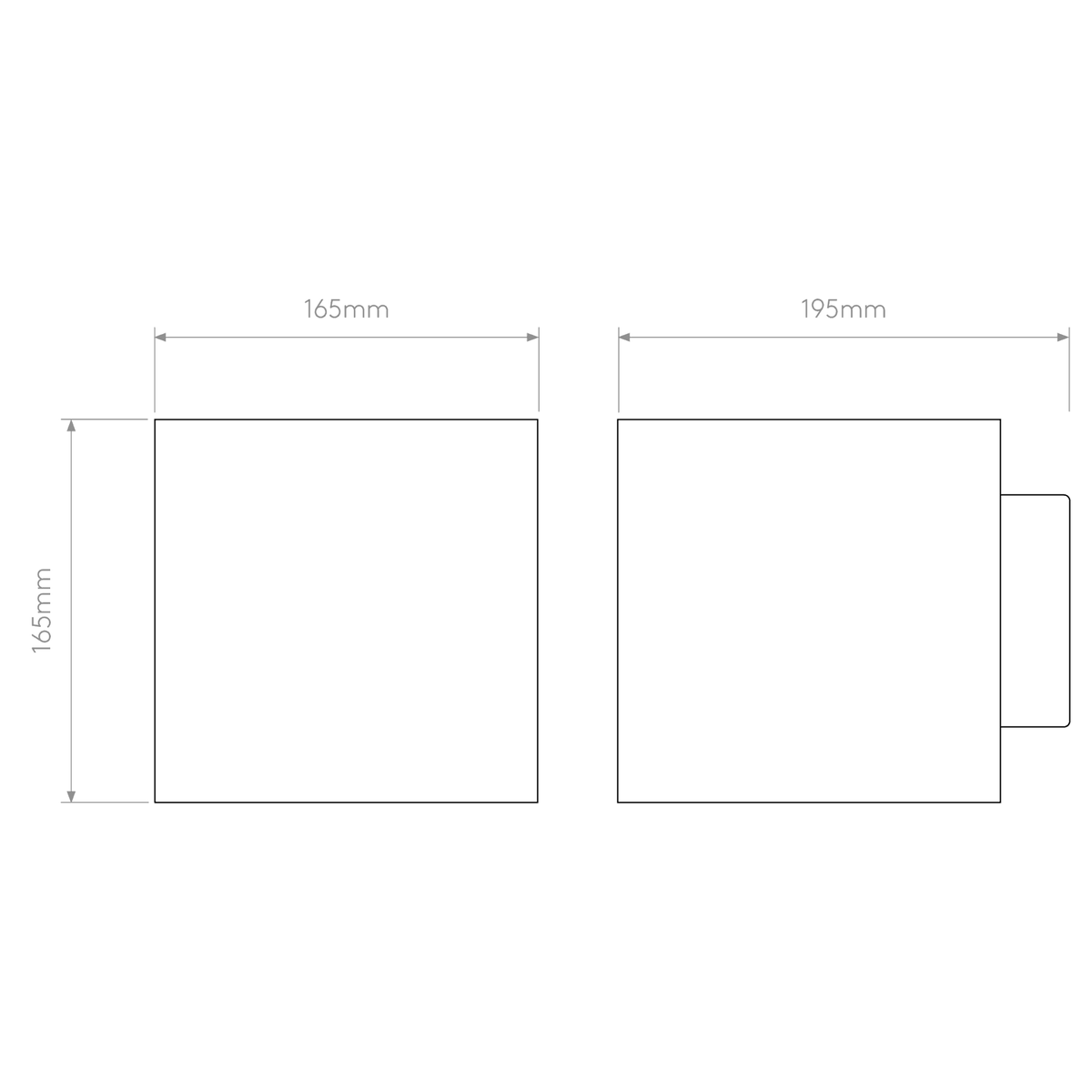 Diagram of a square object with dimensions 165mm by 165mm, and another view showing 195mm width
