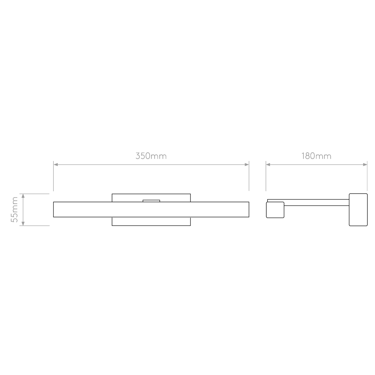 Technical drawing of a rectangular light fixture with dimensions 350mm length, 55mm height, and 180mm depth