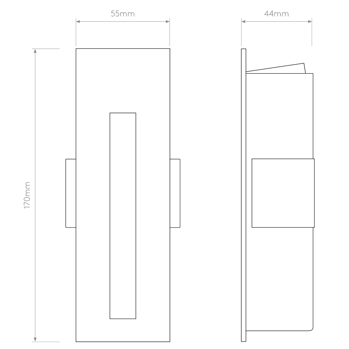 Technical drawing of a rectangular wall light with dimensions 170mm height, 55mm width, and 44mm depth