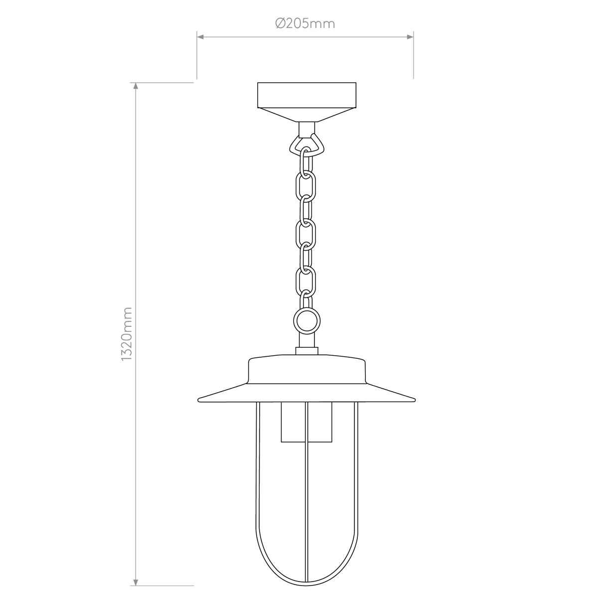 Line drawing of a hanging light fixture with a chain and a dome-shaped shade, showing dimensions