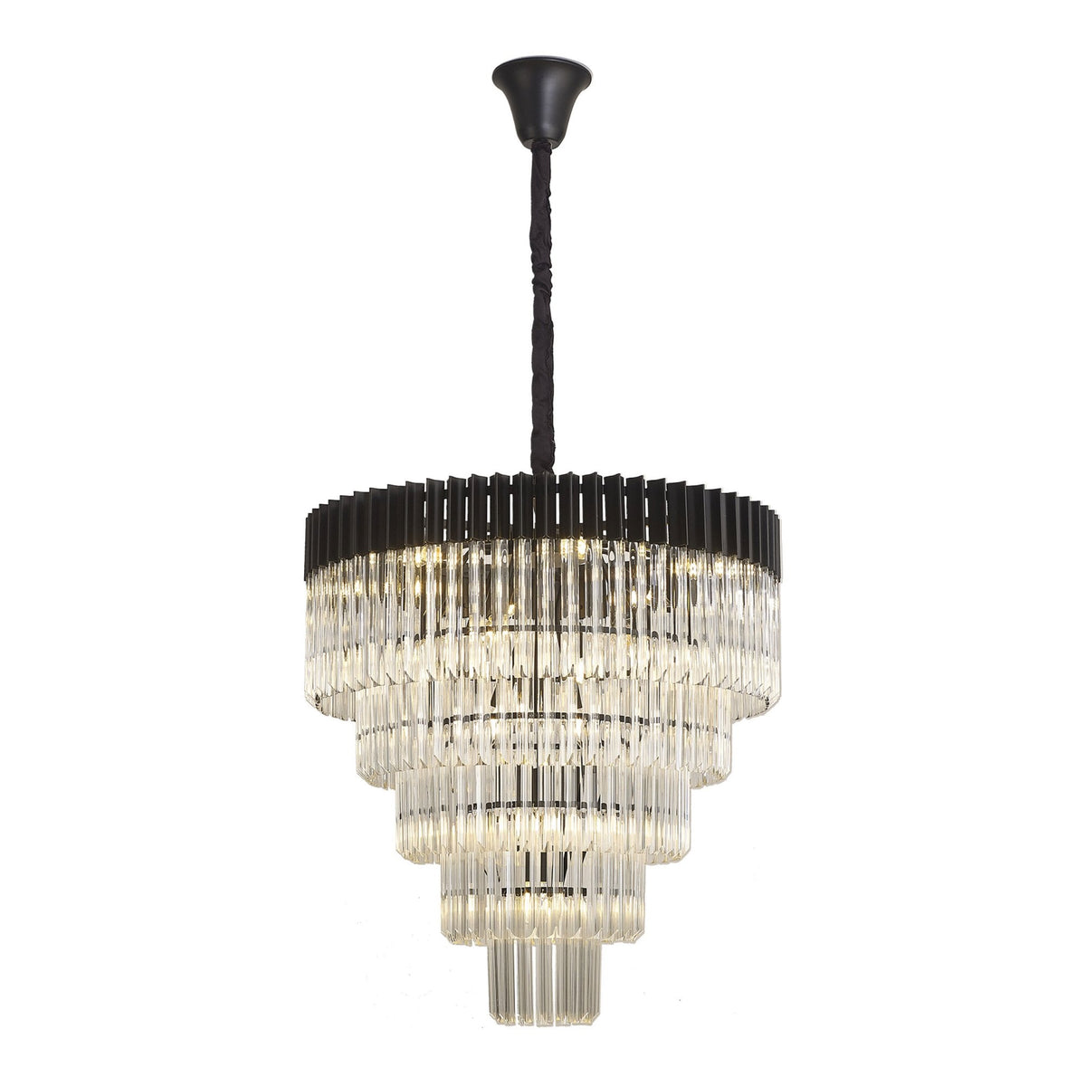 A large, lit tiered chandelier with a black frame and clear fluted glass rods, casting a warm glow.