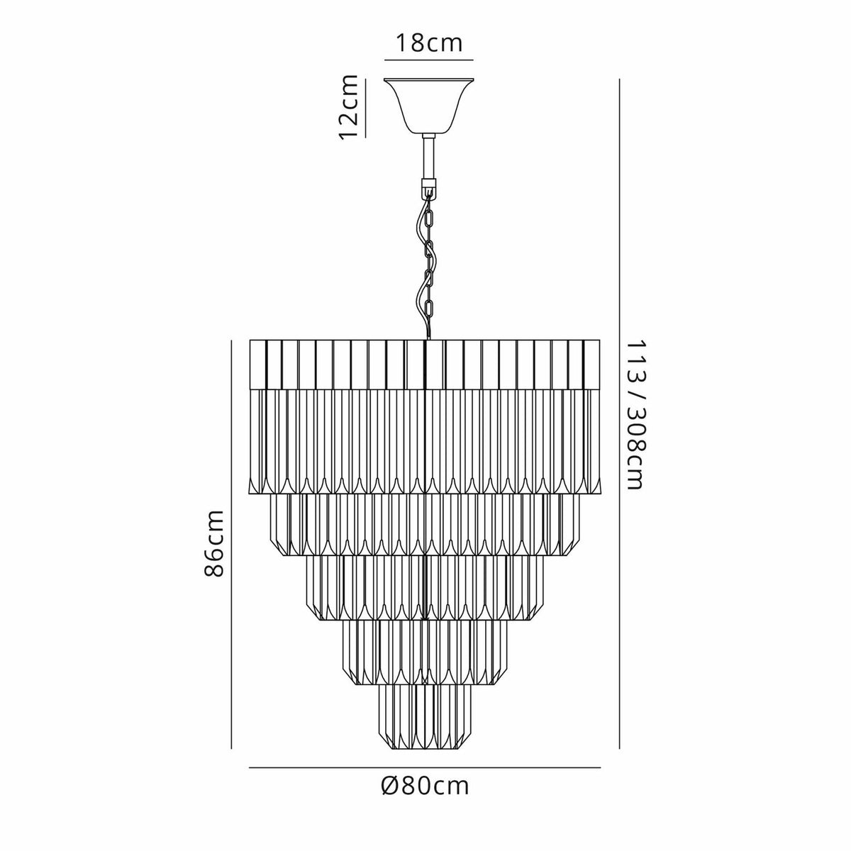 Line drawing with dimensions for a large tiered chandelier, showing height, width, and drop.