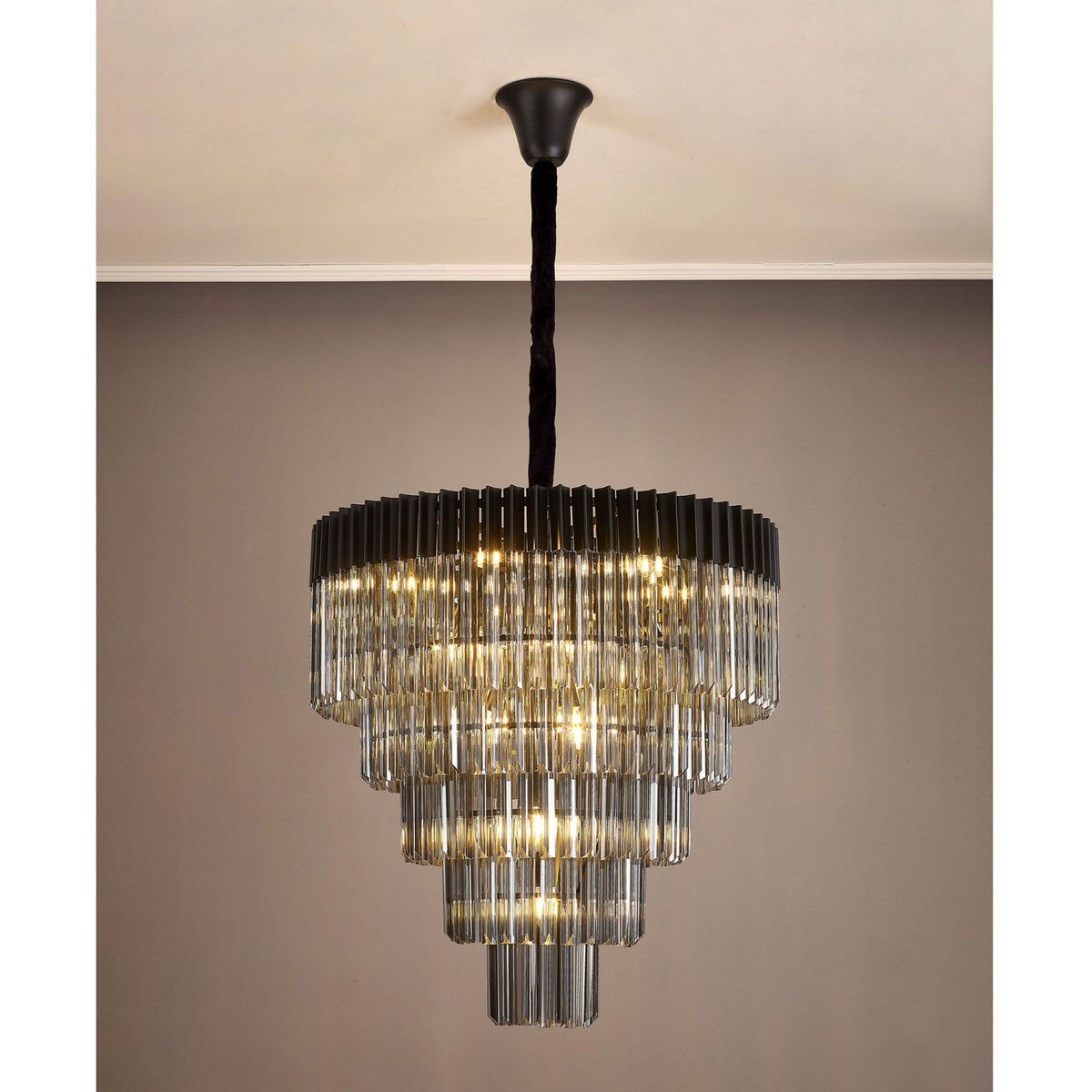 Kentisbeare 800mm 5 Tier 19 Lamp Chandelier in Matt Black & Smoked Glass