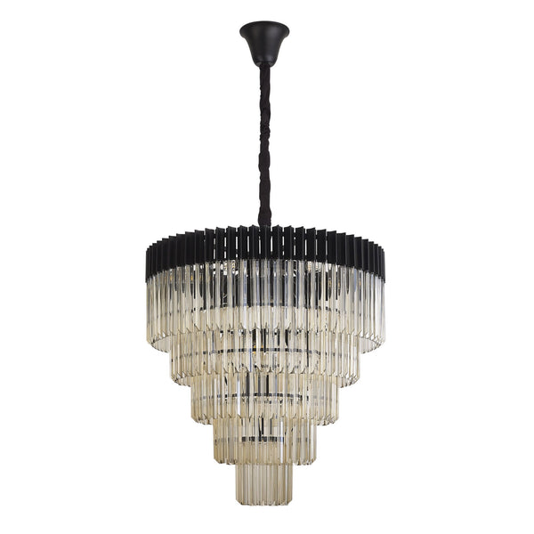 Kentisbeare 800mm 5 Tier 19 Lamp Chandelier in Matt Black & Cognac Glass