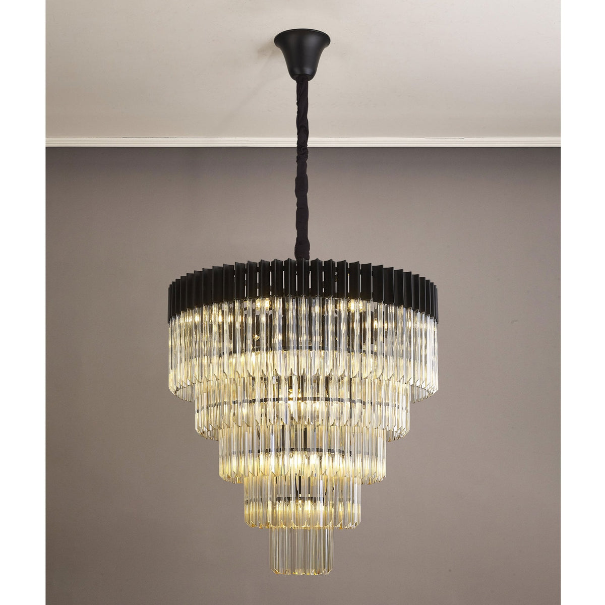 Kentisbeare 800mm 5 Tier 19 Lamp Chandelier in Matt Black & Cognac Glass