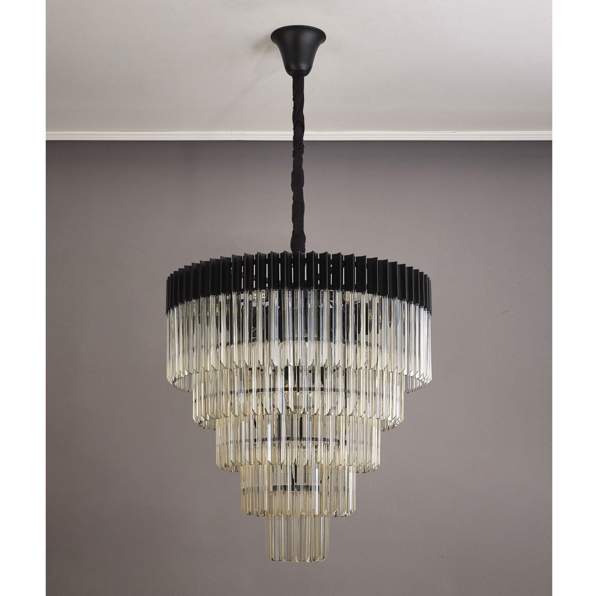 Kentisbeare 800mm 5 Tier 19 Lamp Chandelier in Matt Black & Cognac Glass